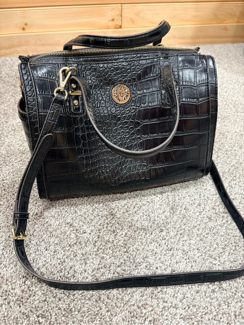 Anne Klein Black Croc-Embossed Satchel Handbag with Gold Accent